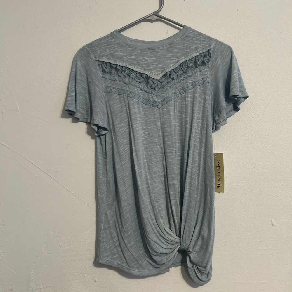 NWT S Rewind Blue Twist Hem Burn Wash Flowy Lacey Flutter Sleeve Tee Shirt